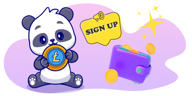 A cute panda holding a Litecoin coin, with a "SIGN UP" speech bubble and a wallet with coins, suggesting a focus on cryptocurrency sign-ups and rewards.