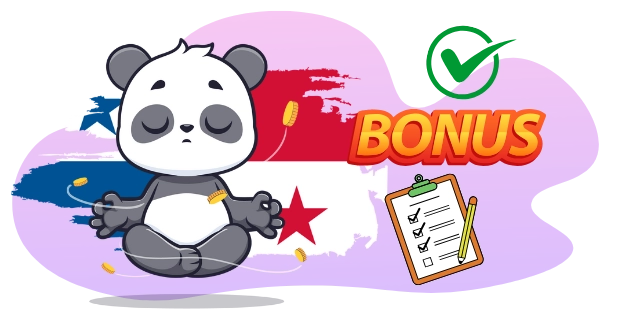 A meditating panda with coins swirling around, a checklist, and the word "BONUS," suggesting a focus on casino bonuses and rewards.