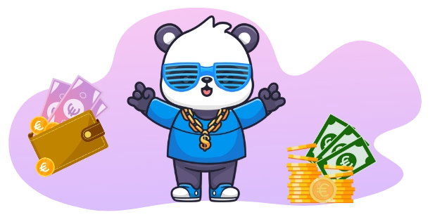 A cool panda wearing sunglasses and a gold chain, with stacks of coins and banknotes, suggesting a focus on wealth and prosperity.