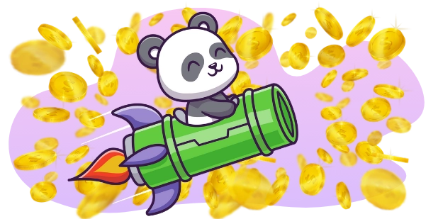 Playful panda achieving financial success, riding a rocket through a shower of coins.