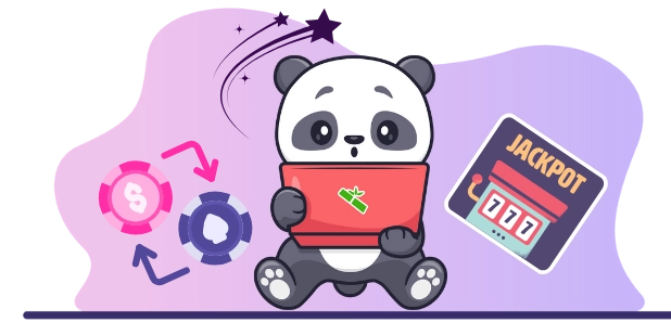 Cute panda holding a red tablet, surrounded by casino chips, a jackpot slot machine, and a shooting star on a gradient purple background.