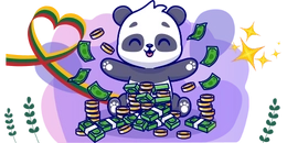 A happy panda surrounded by stacks of cash and coins, with a heart-shaped Lithuanian flag ribbon and sparkling stars in the background.