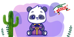 A winking panda holds a gift box with a yellow ribbon, sitting next to a cactus. The background features a "Viva Mexico" banner and a purple gradient.