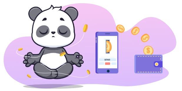 Happy panda enjoying the convenience of online payments, with a smartphone, coins, and a wallet.