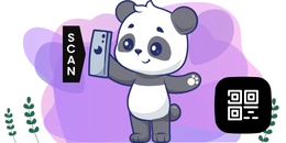 Panda holding up a smartphone with the word 'SCAN' displayed on a vertical black banner. A QR code icon is shown on the right.