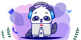 Panda wearing blue headphones sits behind a computer monitor featuring the Paraguayan flag. The background includes icons of an envelope, phone, and paper airplane, with a purple gradient and green foliage accents.