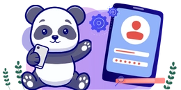 A cute panda is holding a smartphone and waving. Next to it, there is a larger smartphone showing a login screen with a username and password field. A magnifying glass is hovering over the password field.