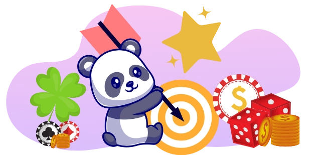 A cartoon panda aiming an arrow at a target, surrounded by good luck symbols like a four-leaf clover, a star, and playing cards. Coins and dice are scattered around.