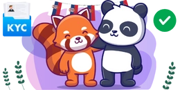 Panda and a red panda smiling together, with a 'KYC' icon and Serbian flag bunting in the background, along with a green checkmark, set against a purple backdrop with decorative greenery.