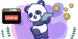 Panda holding a tablet and smiling, with golden Solana coins floating nearby and a login screen icon on the left, set against a purple background with decorative plants.