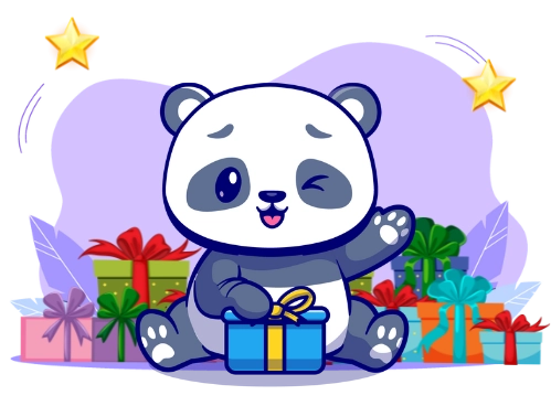 Panda sitting and holding a gift box with a ribbon, surrounded by colorful wrapped presents and glowing stars, set against a soft purple background.