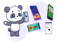 Panda holding a phone, with 4 more vibrant mobiles beside displaying casino games.