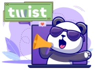 Panda wearing sunglasses, holding a megaphone, and emerging from a laptop screen. The design includes a green 'twist' sign and a light purple background with decorative leaves and swirls.