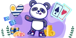 Panda winking and gesturing stands surrounded by casino elements, including poker chips, dice, playing cards, and stacks of coins. A heart-shaped Uruguayan flag icon is displayed, all set against a purple gradient background with decorative leaves.