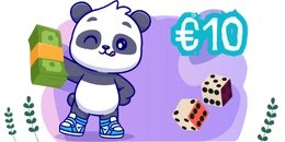 A cute panda wearing sneakers is winking and holding a stack of money. Dice are scattered around the panda. The number 10 in Euros is displayed in the top right corner.