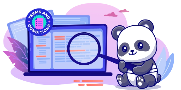 A cute panda wearing glasses, looking through a magnifying glass at a laptop screen with "Terms and Conditions" text, suggesting a focus on understanding terms and conditions.