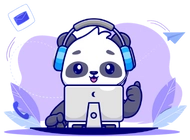 A cute panda wearing headphones and working on a laptop, giving a thumbs-up. There are icons for email, phone, and a paper airplane in the background.