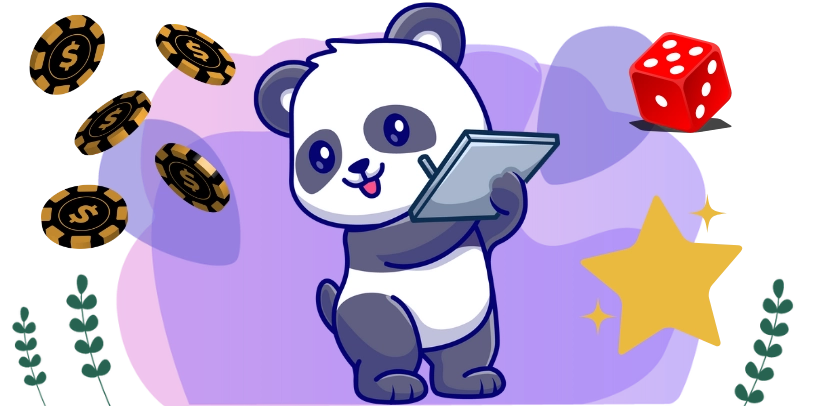 Panda holding a tablet and smiling, surrounded by flying casino chips, a red dice, and a large golden star, on a purple gradient background with green leaves at the edges.