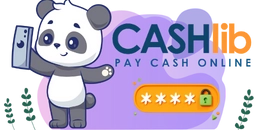 A cute panda holding a smartphone and pointing at a password field with a padlock icon. The text "CASHlib PAY CASH ONLINE" is displayed above.