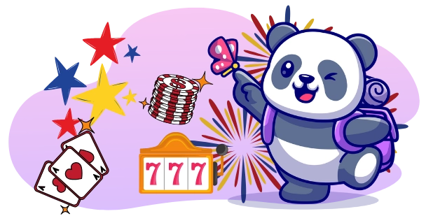 A cute panda with a backpack, holding a butterfly, with playing cards, a slot machine showing 777, and fireworks, suggesting a focus on online casino wins and celebrations.