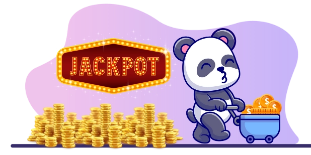 Cute panda cartoon character pushing a cart full of coins, with a "JACKPOT" sign in the background, suggesting a focus on big wins and online casino excitemen