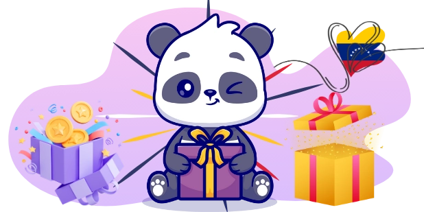 A happy panda cartoon character sits with a gift box, surrounded by other gifts, coins, and the Venezuelan flag.