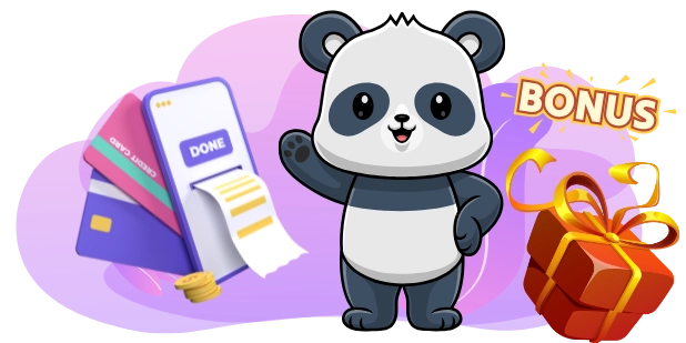 A cute panda waving, next to a smartphone, credit cards, a receipt, and a gift box with a "BONUS" sign, suggesting a focus on online casino bonuses and promotions.