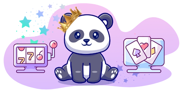 Playful panda promoting online casino games, with a slot machine, playing cards, and a crown.