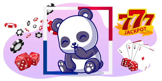 Playful panda celebrating a casino jackpot win, with casino chips, dice, playing cards, and a "JACKPOT 777" sign.