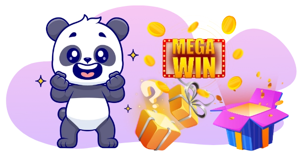 Playful panda promoting big wins, with gift boxes and a "MEGA WIN" sign.