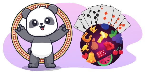 A cute panda standing in a golden circle, with playing cards and a colorful sphere filled with various symbols, suggesting a focus on online casino games and slot machines.