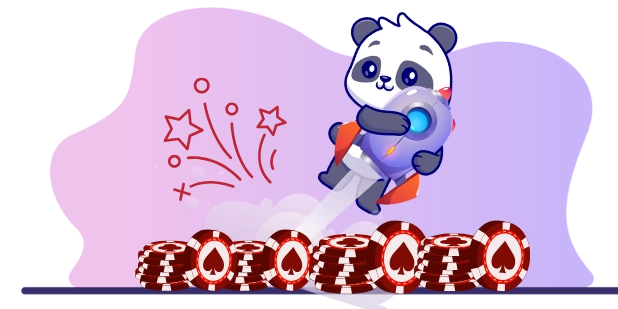 Playful panda cartoon celebrating a big win, with a jetpack and casino chips.