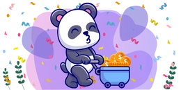 A cheerful panda pushing a cart filled with golden coins, surrounded by colorful confetti and a festive atmosphere.