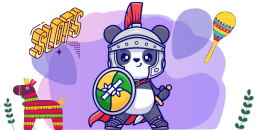 A panda dressed as a gladiator holds a shield and sword, standing amidst festive Mexican elements like a piñata and maraca. The word "Slots" appears in bold, set against a purple background with green foliage.