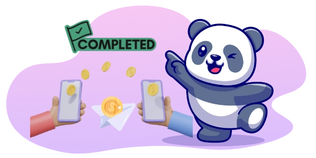 A cute panda celebrating a successful transaction, with two smartphones and a "COMPLETED" sign, suggesting a focus on online payments and transfers.