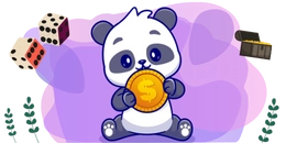 Panda sitting down while holding a large golden coin with a dollar sign on it. Surrounding the panda are playful elements like dice on the left and a treasure chest on the right.