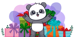 Panda stands with its arms raised in front of colorful gift boxes wrapped with ribbons. The background features a purple gradient with green foliage accents.