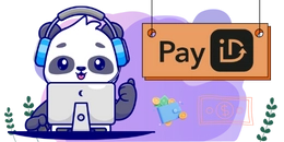 A cute panda wearing headphones is using a laptop and giving a thumbs-up. There is a "PayID" sign in the background, along with a wallet and money icons.