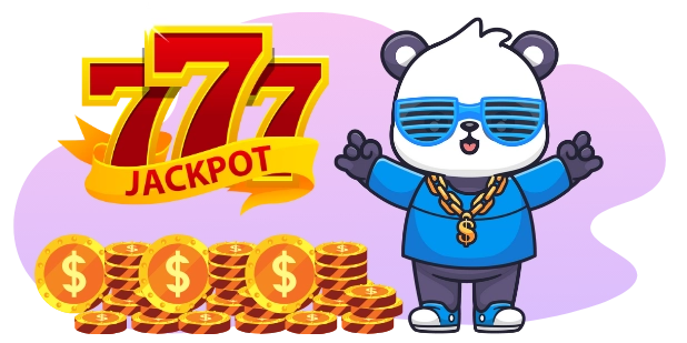 A cheerful panda wearing sunglasses and a gold chain, celebrating in front of a jackpot symbol with a pile of coins.