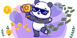 Panda wearing sunglasses and a gold chain, holding a trophy, surrounded by flying cash and coins, set against a purple background with decorative greenery.