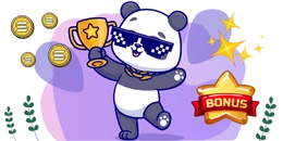 Panda wearing pixelated sunglasses, holding a golden trophy, surrounded by floating Solana coins and a glowing "BONUS" badge, set against a purple background with sparkles and decorative plants.