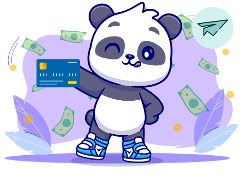 Panda holding a credit card, surrounded by floating cash and coins, with a paper airplane icon in the background, set against a soft purple backdrop.