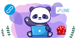 Panda using a laptop, waving with one paw. The scene includes link icons and a red dice, set against a light purple background with small plants at the bottom.