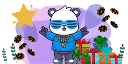 Panda wearing shutter shades, a gold chain with a dollar sign, and a blue outfit poses confidently with arms raised. The background features a large star, floating casino chips, and colorful gift boxes, set against a purple gradient with decorative leaves.