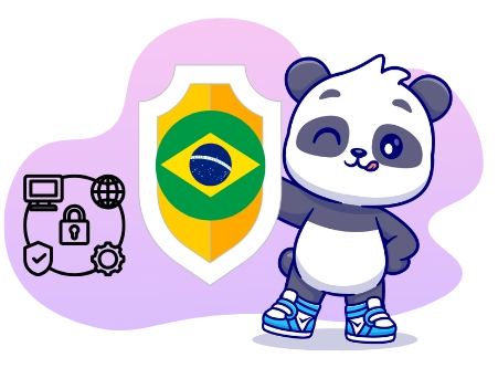 Playful panda promoting online security in Brazil, with a shield, the Brazilian flag, and security symbols.