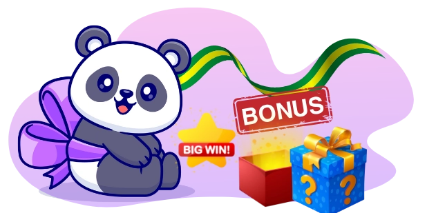 A cute panda with a ribbon, next to a gift box with a "BIG WIN" star and a "BONUS" stamp, suggesting a focus on online casino bonuses and rewards.