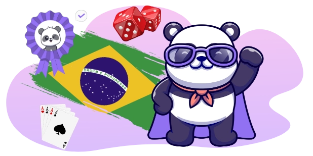 A cool panda wearing sunglasses and a cape, standing next to a Brazilian flag, dice, and playing cards, suggesting a focus on online casinos in Brazil.