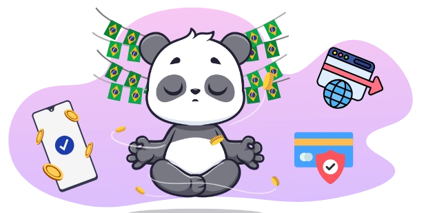 Playful panda promoting secure online transactions in Brazil, with Brazilian flags, a smartphone, coins, and credit cards.