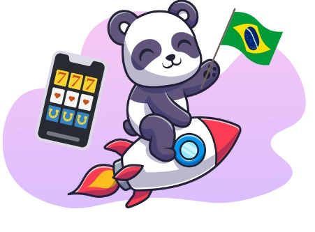 Playful panda promoting online casinos in Brazil, with a rocket, a smartphone, and the Brazilian flag.