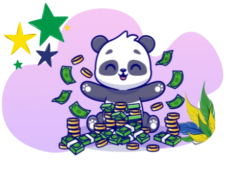 Happy panda enjoying the benefits of financial success, with money and coins.